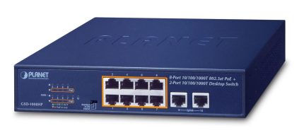 GSd-1008HP - PLANET - Switch, 8x10/100/1000Mbps POE/POE+, 2x10/100/1000Mbps, 230VA