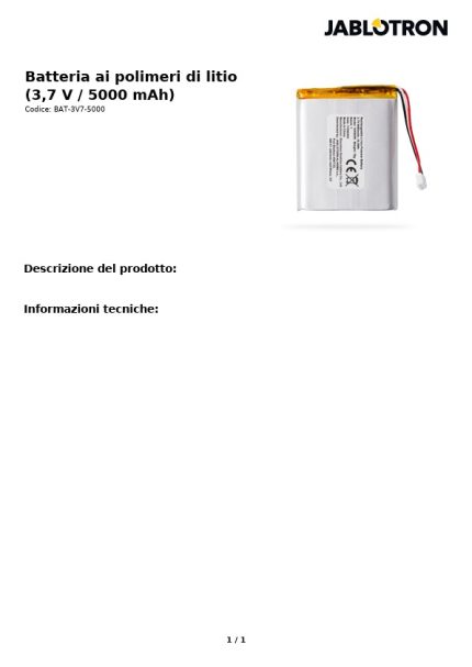 BAT-3V7-5000 - JABLOTRON - Batteria ai polimeri di litio (3,7 V / 5000 mAh)per JA-152KR